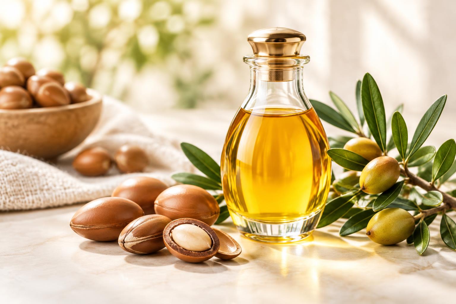 Glasflasche mit goldenem Arganöl neben Argan-Nüssen und einem Argan-Zweig